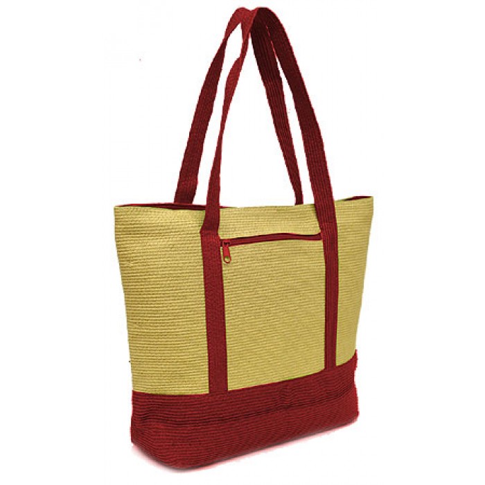 Straw Shopping Tote Bags - Paper Straw w/ Color Band Trim - Red - BG-ST400RD